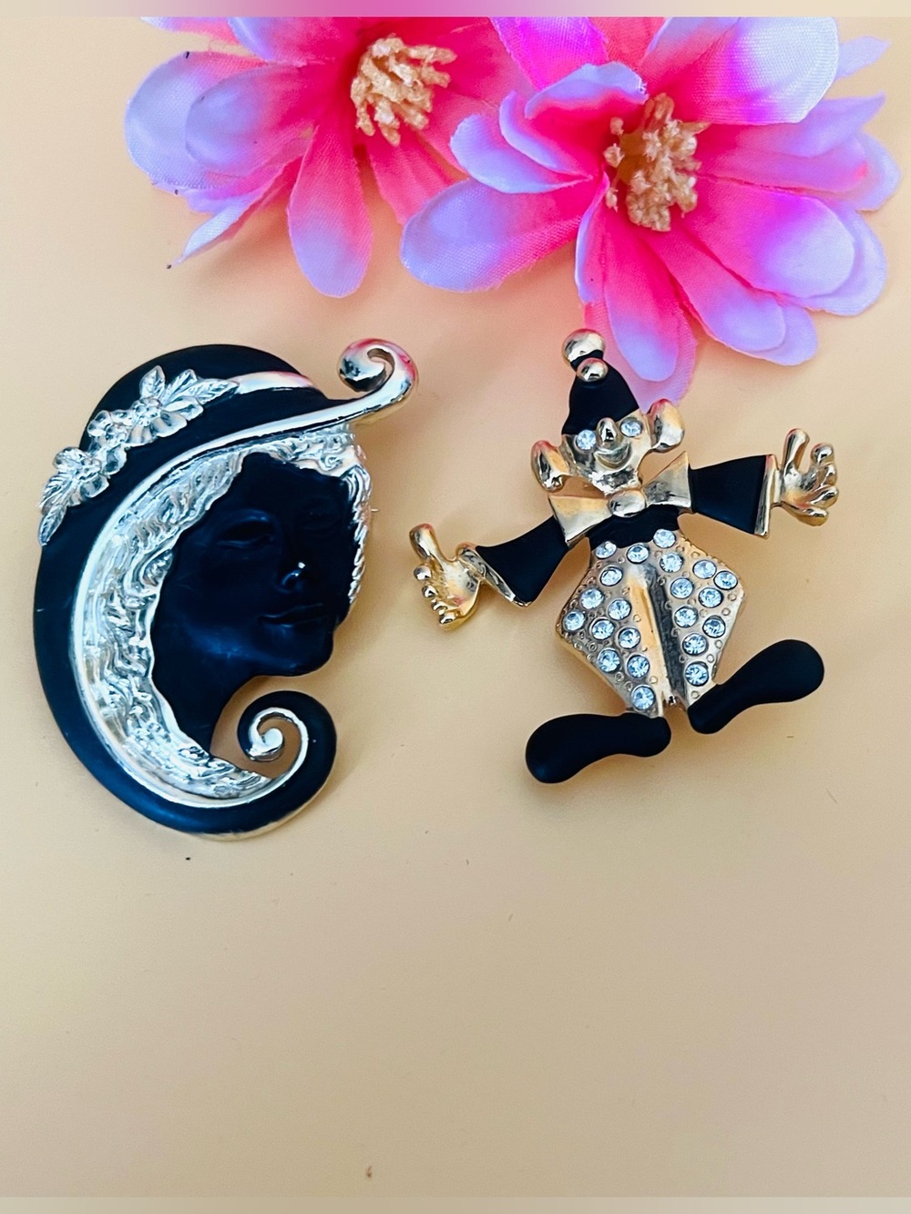 Vintage Torino lady face Gold & Black Rhinestone plus a Clown Brooch